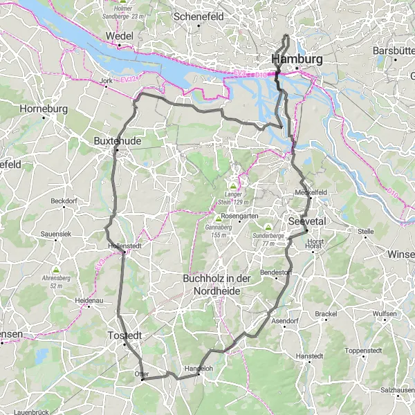 Map miniature of "St. Pauli-Elbtunnel to Sternschanze Loop" cycling inspiration in Hamburg, Germany. Generated by Tarmacs.app cycling route planner