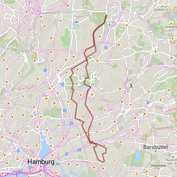 Karten-Miniaturansicht der Radinspiration "Graveltour durch grüne Oasen" in Hamburg, Germany. Erstellt vom Tarmacs.app-Routenplaner für Radtouren