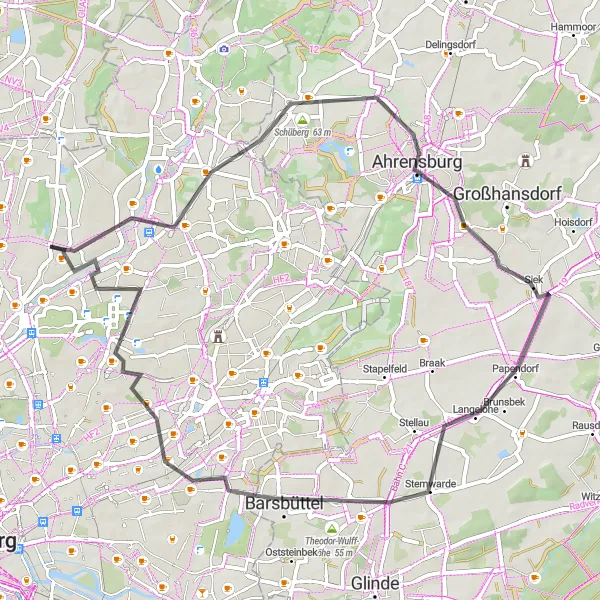 Karten-Miniaturansicht der Radinspiration "Durch die grünen Vororte: Bergstedt nach Barsbüttel" in Hamburg, Germany. Erstellt vom Tarmacs.app-Routenplaner für Radtouren