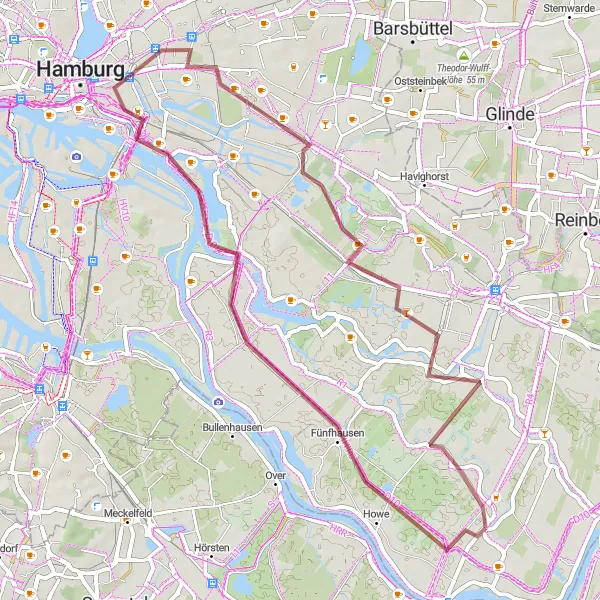 Map miniature of "Zuckerstangen Gravel Ride" cycling inspiration in Hamburg, Germany. Generated by Tarmacs.app cycling route planner