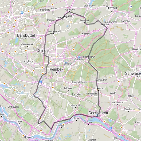 Karten-Miniaturansicht der Radinspiration "Radtour durch die Marschlandschaft" in Hamburg, Germany. Erstellt vom Tarmacs.app-Routenplaner für Radtouren
