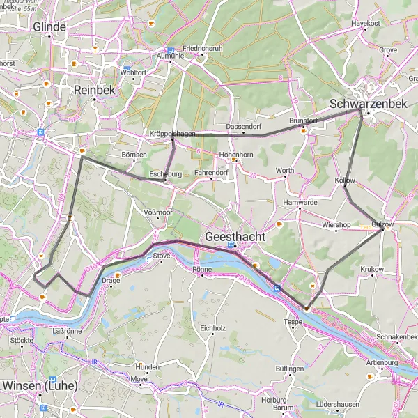 Map miniature of "Elbe River Road Cycling Expedition" cycling inspiration in Hamburg, Germany. Generated by Tarmacs.app cycling route planner