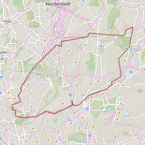 Map miniature of "Hummelsbüttel and Damwild Gravel Route" cycling inspiration in Hamburg, Germany. Generated by Tarmacs.app cycling route planner