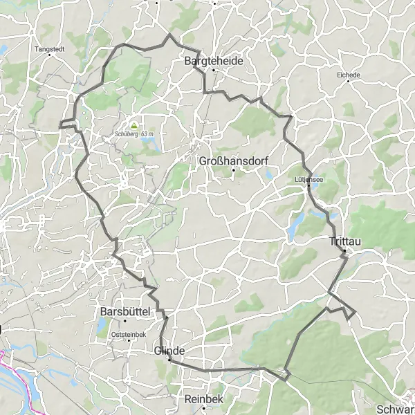 Karten-Miniaturansicht der Radinspiration "Radtour durch Jersbek und Aumühle" in Hamburg, Germany. Erstellt vom Tarmacs.app-Routenplaner für Radtouren