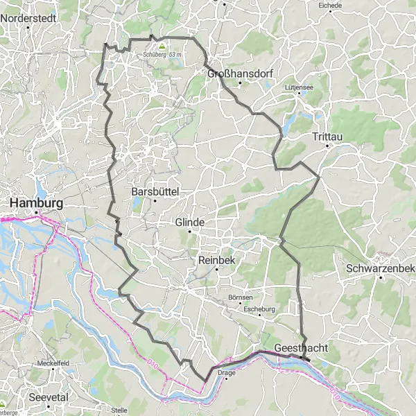 Map miniature of "Schüberg and Reitbrook Road Route" cycling inspiration in Hamburg, Germany. Generated by Tarmacs.app cycling route planner