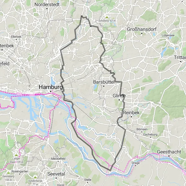 Map miniature of "Rahlstedt and Poppenbüttel Road Route" cycling inspiration in Hamburg, Germany. Generated by Tarmacs.app cycling route planner