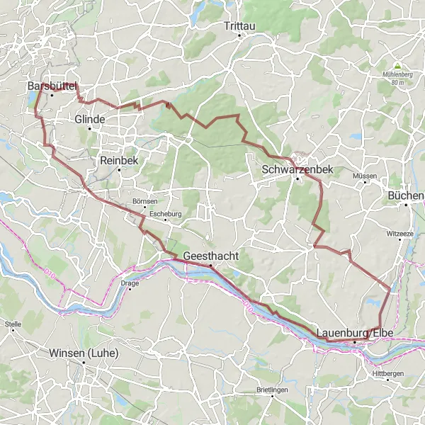 Map miniature of "The Rural Gravel Expedition" cycling inspiration in Hamburg, Germany. Generated by Tarmacs.app cycling route planner