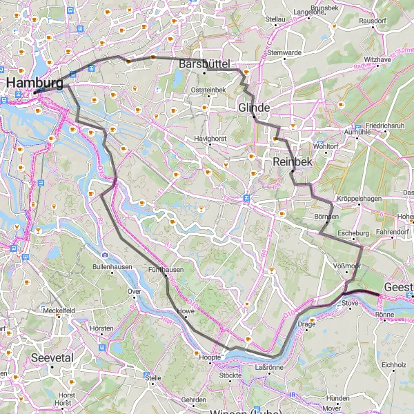 Map miniature of "The Coastal Road Adventure" cycling inspiration in Hamburg, Germany. Generated by Tarmacs.app cycling route planner