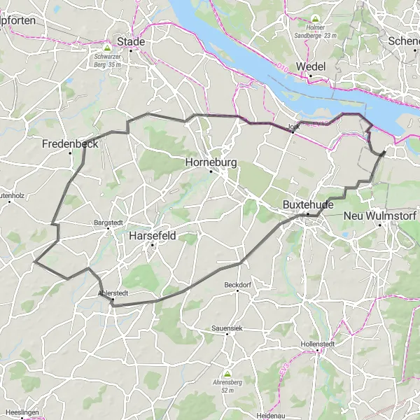 Map miniature of "The Apensen Escape" cycling inspiration in Hamburg, Germany. Generated by Tarmacs.app cycling route planner