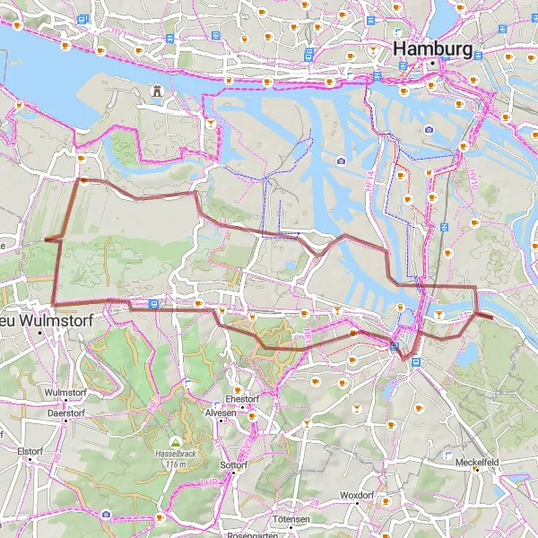 Map miniature of "Heuckenlock Natural Reserve Gravel Ride" cycling inspiration in Hamburg, Germany. Generated by Tarmacs.app cycling route planner