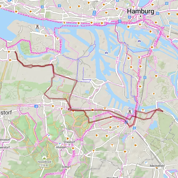 Map miniature of "Scenic Gravel Ride to Harburg" cycling inspiration in Hamburg, Germany. Generated by Tarmacs.app cycling route planner
