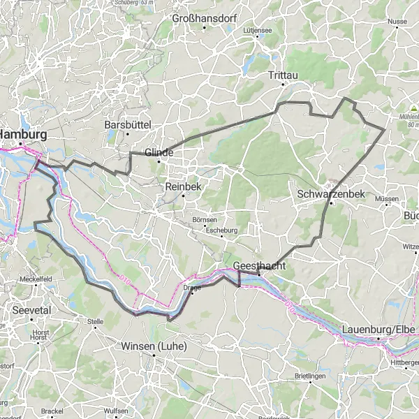 Map miniature of "Scenic Road Tour to Geesthacht" cycling inspiration in Hamburg, Germany. Generated by Tarmacs.app cycling route planner