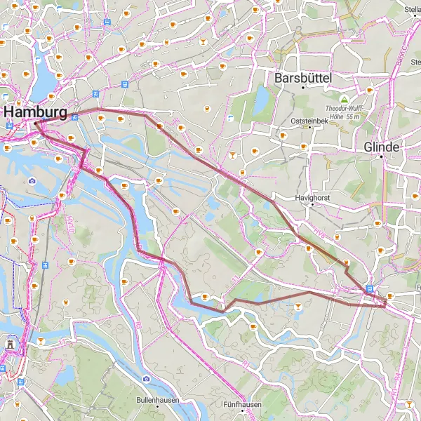 Karten-Miniaturansicht der Radinspiration "Gravel-Abenteuer durch Hamburg" in Hamburg, Germany. Erstellt vom Tarmacs.app-Routenplaner für Radtouren