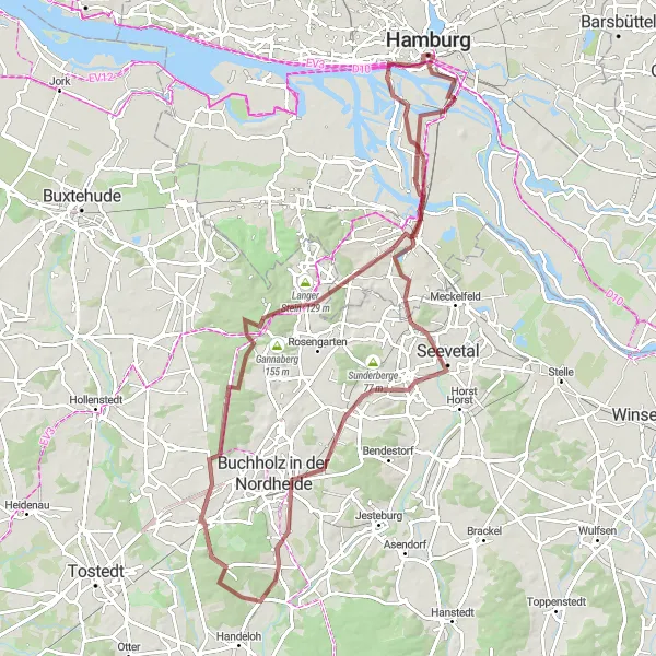 Map miniature of "Himmelsberg to Hamburg" cycling inspiration in Hamburg, Germany. Generated by Tarmacs.app cycling route planner