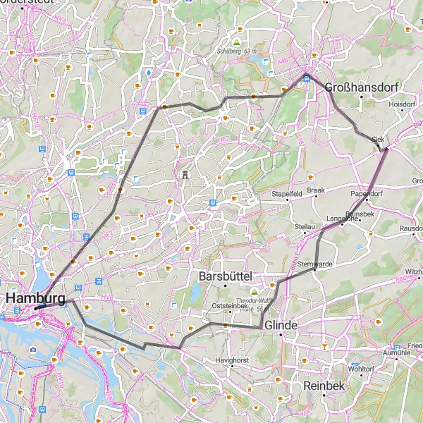 Map miniature of "St. Petri to Hamburg" cycling inspiration in Hamburg, Germany. Generated by Tarmacs.app cycling route planner