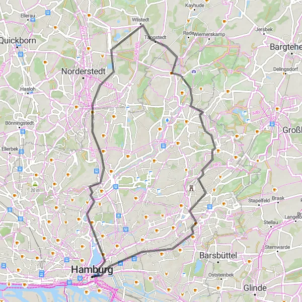 Karten-Miniaturansicht der Radinspiration "Alsterparadies und Fachwerkhäuser" in Hamburg, Germany. Erstellt vom Tarmacs.app-Routenplaner für Radtouren
