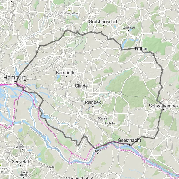 Map miniature of "Hamburg Road Challenge" cycling inspiration in Hamburg, Germany. Generated by Tarmacs.app cycling route planner