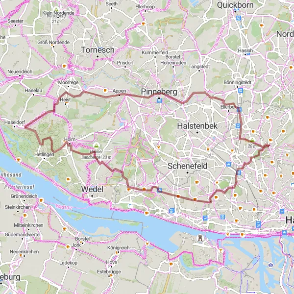 Map miniature of "Under the Forest Canopy Gravel Trail" cycling inspiration in Hamburg, Germany. Generated by Tarmacs.app cycling route planner