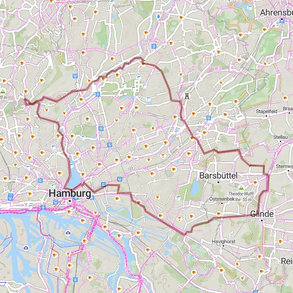 Map miniature of "Gravel Adventure through Hamburg" cycling inspiration in Hamburg, Germany. Generated by Tarmacs.app cycling route planner