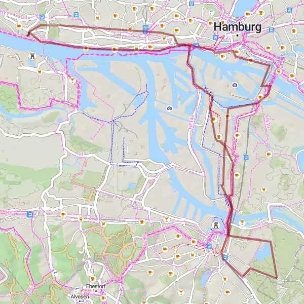 Map miniature of "Hamburg Dockland Adventure" cycling inspiration in Hamburg, Germany. Generated by Tarmacs.app cycling route planner