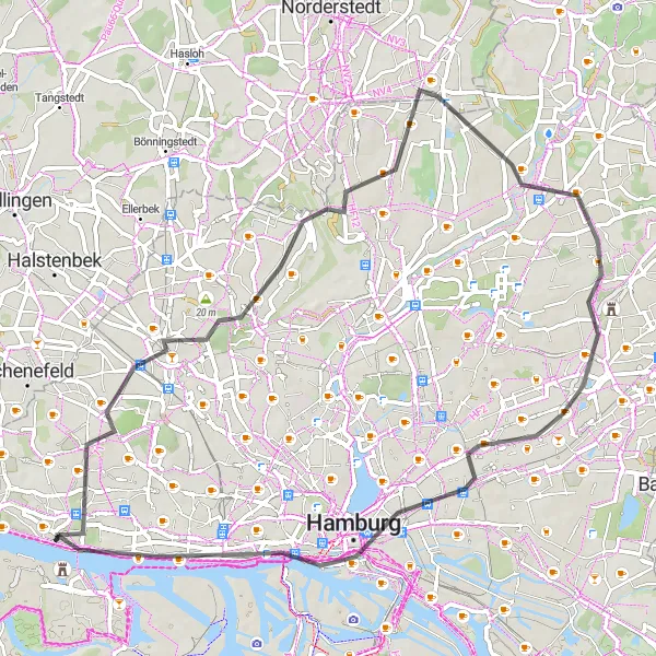 Karten-Miniaturansicht der Radinspiration "Entdeckungstour durch Hamburgs Stadtteile" in Hamburg, Germany. Erstellt vom Tarmacs.app-Routenplaner für Radtouren
