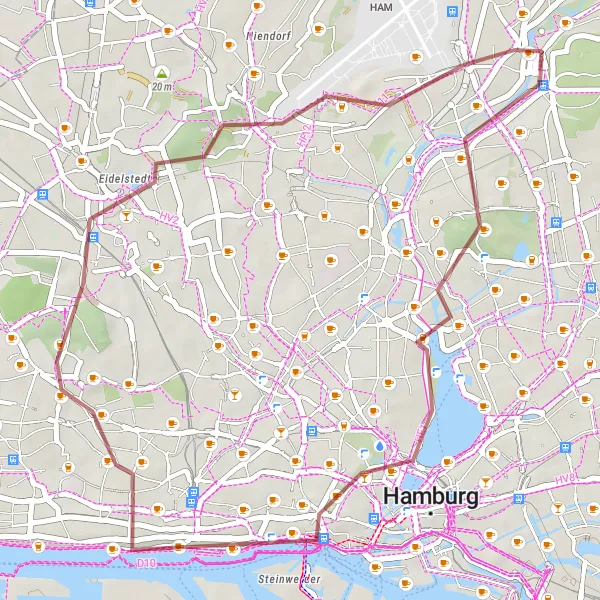 Map miniature of "Gravel Adventure around Hamburg" cycling inspiration in Hamburg, Germany. Generated by Tarmacs.app cycling route planner