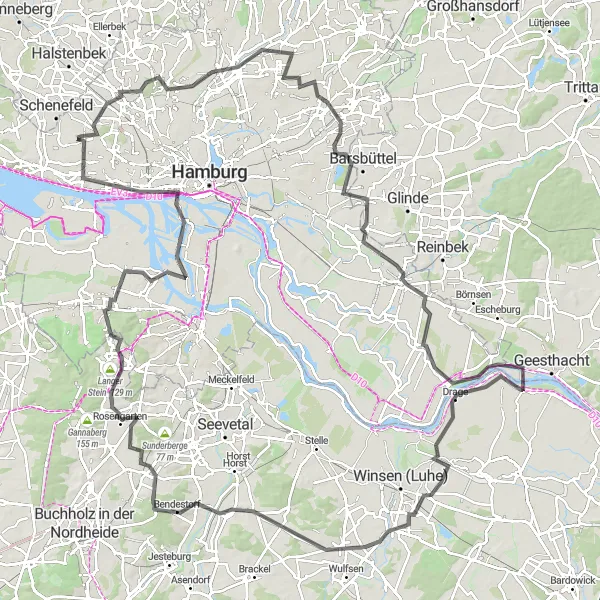 Map miniature of "The Ultimate Road Challenge: Osdorf to Bergedorf" cycling inspiration in Hamburg, Germany. Generated by Tarmacs.app cycling route planner