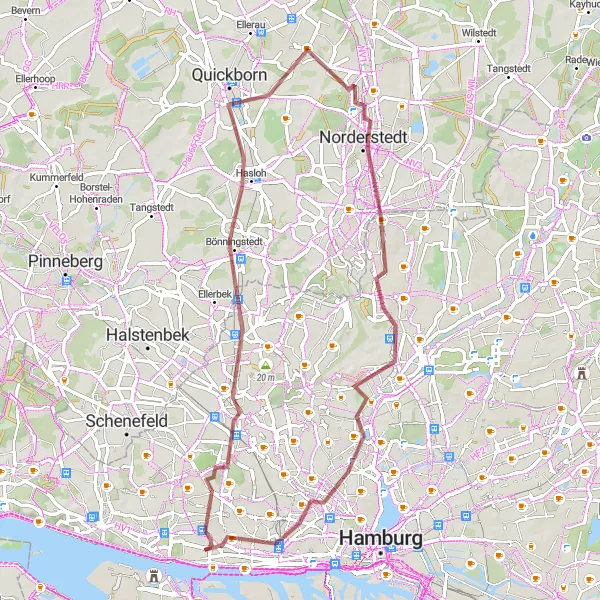 Map miniature of "Exploring the Gravel Paths of Bönningstedt and Norderstedt" cycling inspiration in Hamburg, Germany. Generated by Tarmacs.app cycling route planner