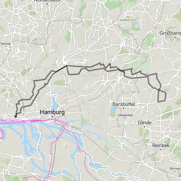 Map miniature of "Scenic Road Trip through Hamburg" cycling inspiration in Hamburg, Germany. Generated by Tarmacs.app cycling route planner