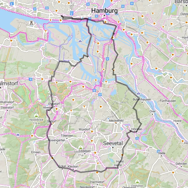 Karten-Miniaturansicht der Radinspiration "Stadtführung per Rad durch Hamburgs Highlights" in Hamburg, Germany. Erstellt vom Tarmacs.app-Routenplaner für Radtouren