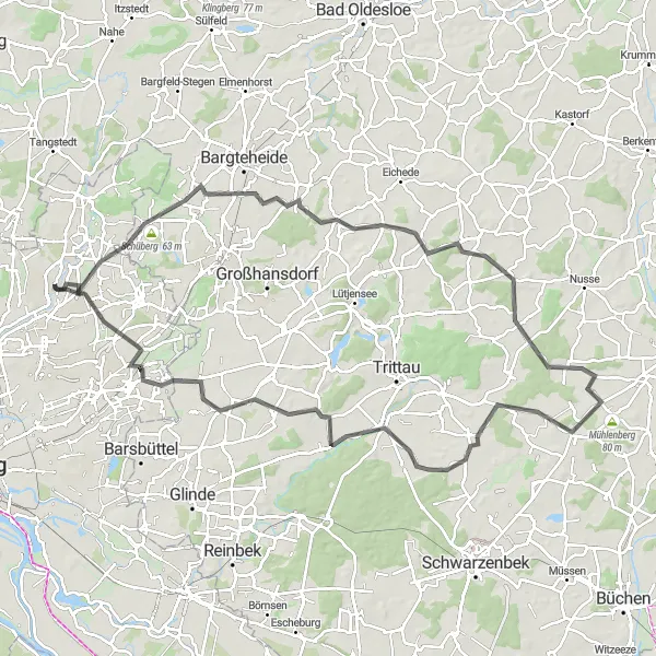 Map miniature of "The Delingsdorf Ride" cycling inspiration in Hamburg, Germany. Generated by Tarmacs.app cycling route planner