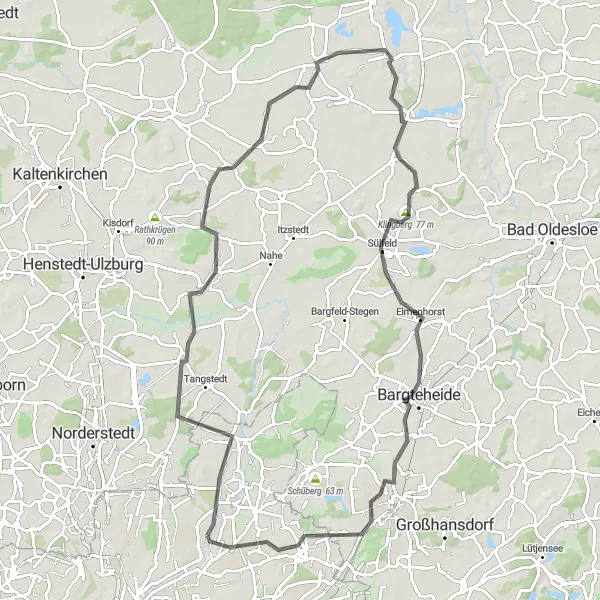 Map miniature of "Poppenbüttel - Klingberg - Sülfeld - Ahrensburg - Sasel Loop" cycling inspiration in Hamburg, Germany. Generated by Tarmacs.app cycling route planner