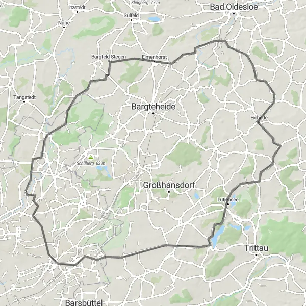 Map miniature of "Poppenbüttel - Lemsahl-Mellingstedt - Elmenhorst - Großensee - Rahlstedt - Wellingsbüttel Loop" cycling inspiration in Hamburg, Germany. Generated by Tarmacs.app cycling route planner