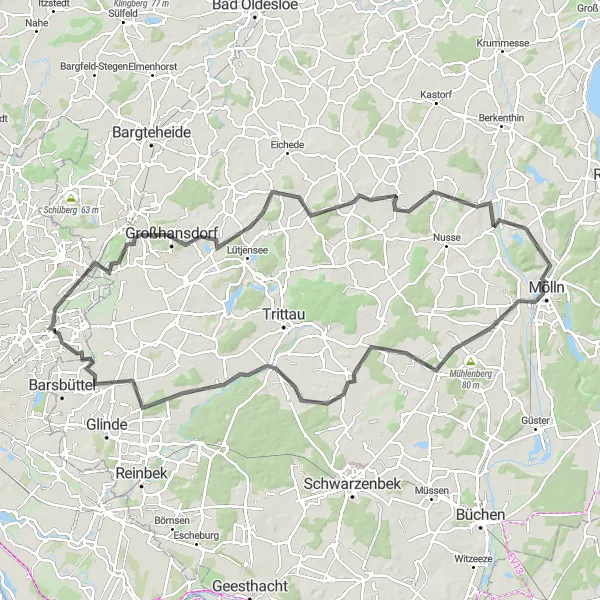 Map miniature of "The Mölln Escape" cycling inspiration in Hamburg, Germany. Generated by Tarmacs.app cycling route planner
