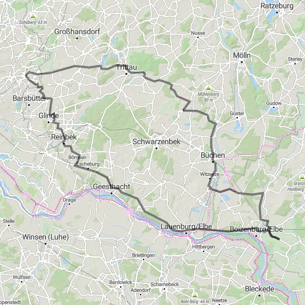 Map miniature of "The Rivers and Villages" cycling inspiration in Hamburg, Germany. Generated by Tarmacs.app cycling route planner