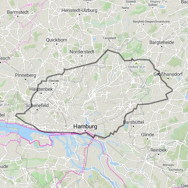 Map miniature of "Bönningstedt-Duvenstedt-Schüberg-Siek-Horn-Hamburg-Dockland-Hirschparktreppe-Rissen" cycling inspiration in Hamburg, Germany. Generated by Tarmacs.app cycling route planner