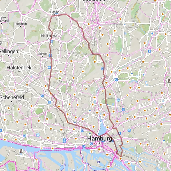 Map miniature of "Discover Hamburg's Gravel Beauty" cycling inspiration in Hamburg, Germany. Generated by Tarmacs.app cycling route planner