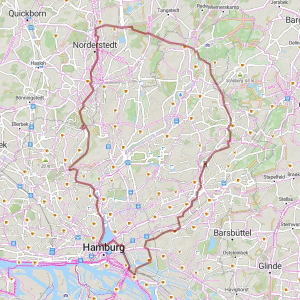 Map miniature of "Hamburg Chilehaus Loop Gravel Route" cycling inspiration in Hamburg, Germany. Generated by Tarmacs.app cycling route planner