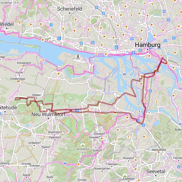 Map miniature of "Rothenburgsort to Moorburg Gravel Route" cycling inspiration in Hamburg, Germany. Generated by Tarmacs.app cycling route planner