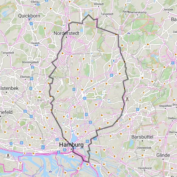 Karten-Miniaturansicht der Radinspiration "Historisches Hamburg und umliegende Dörfer" in Hamburg, Germany. Erstellt vom Tarmacs.app-Routenplaner für Radtouren