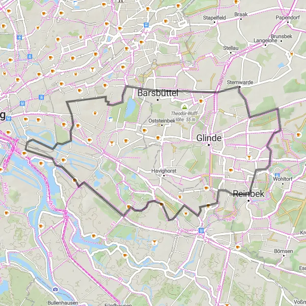 Map miniature of "Barsbüttel to Moorfleet Road Route" cycling inspiration in Hamburg, Germany. Generated by Tarmacs.app cycling route planner