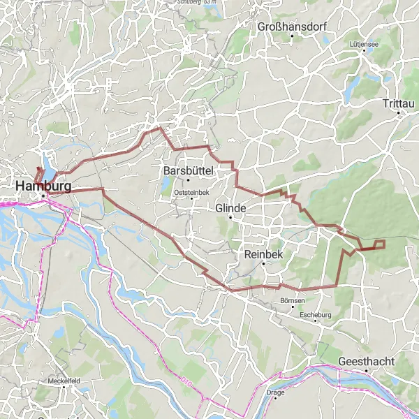 Map miniature of "Challenging Gravel Ride through Natural Beauty and City Sights" cycling inspiration in Hamburg, Germany. Generated by Tarmacs.app cycling route planner