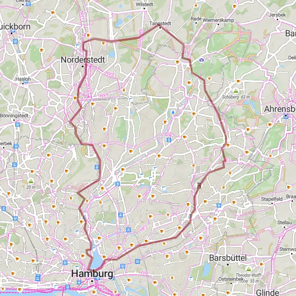 Map miniature of "Gravel Adventure across Hamburg's Suburbs" cycling inspiration in Hamburg, Germany. Generated by Tarmacs.app cycling route planner