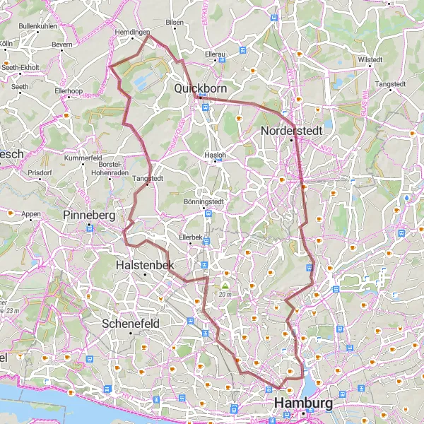 Karten-Miniaturansicht der Radinspiration "Hamburger Gravel Tour" in Hamburg, Germany. Erstellt vom Tarmacs.app-Routenplaner für Radtouren