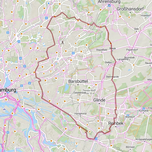 Karten-Miniaturansicht der Radinspiration "Gravel-Tour durch Volksdorf und Reinbek" in Hamburg, Germany. Erstellt vom Tarmacs.app-Routenplaner für Radtouren