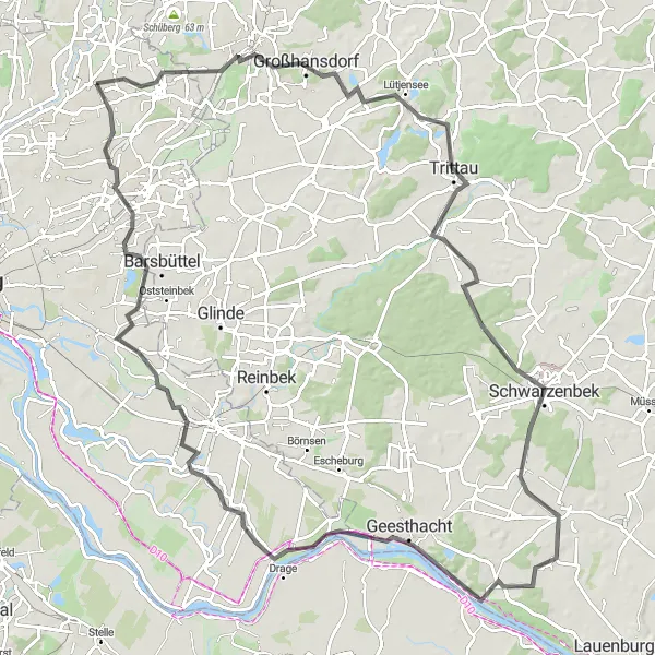 Karten-Miniaturansicht der Radinspiration "Tour um Sasel über Jenfeld und Geesthacht" in Hamburg, Germany. Erstellt vom Tarmacs.app-Routenplaner für Radtouren