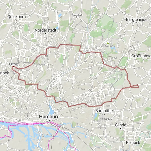 Karten-Miniaturansicht der Radinspiration "Gravel-Trail rund um Schnelsen-Bergstedt-Mellenberg-Braak-Stapelfeld-Barmbek-Süd-Lokstedt-Landebahn Einflugschneise" in Hamburg, Germany. Erstellt vom Tarmacs.app-Routenplaner für Radtouren