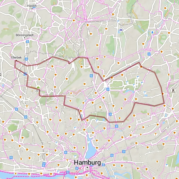 Karten-Miniaturansicht der Radinspiration "Gravel-Trail rund um Schnelsen-Aussichtsterrasse Terminal 1-Wellingsbüttel-Winterhude-Landebahn Einflugschneise-Ellerbek" in Hamburg, Germany. Erstellt vom Tarmacs.app-Routenplaner für Radtouren