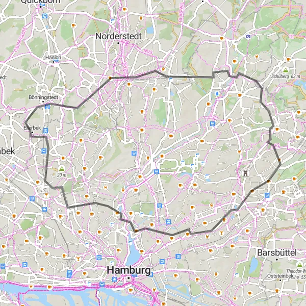 Karten-Miniaturansicht der Radinspiration "Fahrradabenteuer Ellerbek-Lemsahl-Mellingstedt-Volksdorf-Winterhude-Eidelstedt" in Hamburg, Germany. Erstellt vom Tarmacs.app-Routenplaner für Radtouren