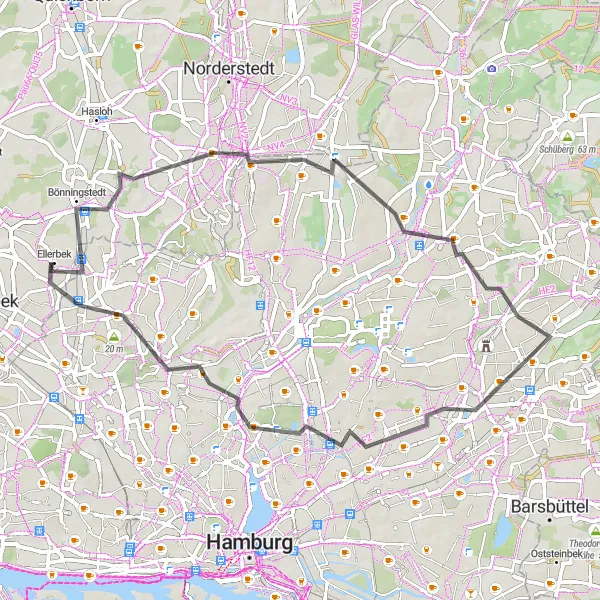 Karten-Miniaturansicht der Radinspiration "Road-Tour Bönningstedt-Müllberg Hummelsbüttel-Sasel-Barmbek-Süd-Groß Borstel-Landebahn Einflugschneise" in Hamburg, Germany. Erstellt vom Tarmacs.app-Routenplaner für Radtouren